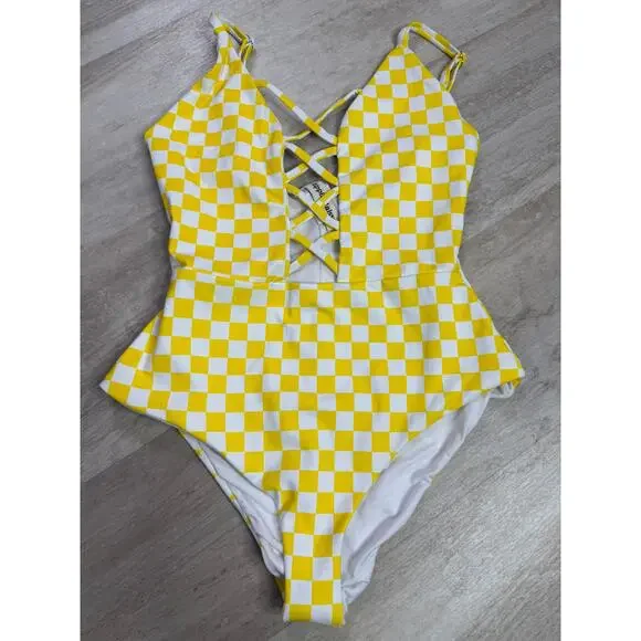 Dippin' Daisy's Bliss Swim One Piece Swimsuit Yellow Checkers Plaid Size Small - Picture 3 of 6